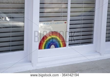 Thank You Keyworkers Rainbow Message In A Window During The Coronavirus Outbreak