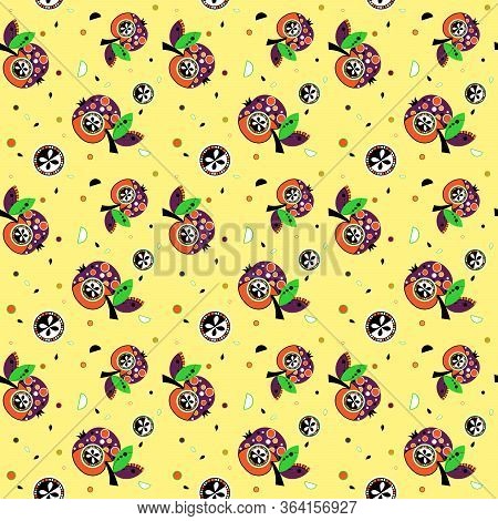 Seamless Pattern, Stylized Apples On A Yellow Background