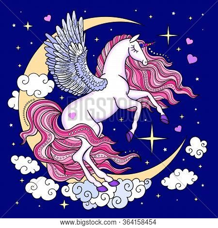 White Unicorn On The Moon Among The Clouds. Vector Illustration