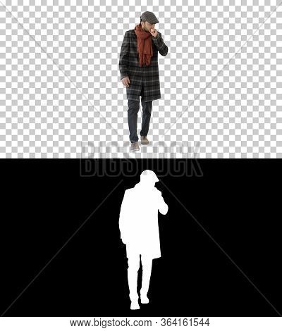 Stylish Gentleman Walking And Coughing, Alpha Channel
