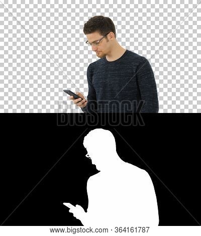 Man With Glasses Suffering With Cough And Using His Phone, Alpha Channel
