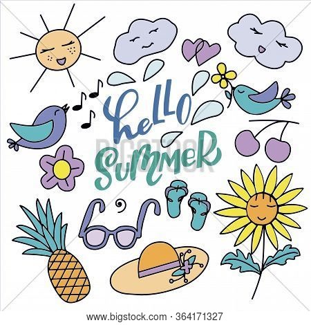 Set Of Cute, Cartoony Characters And Lettering - Hello Summer - In Vector Graphics On A White Backgr