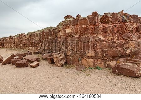 Akyrtas Palace Complex. Kazakhstan. Red Sandstone Wall.