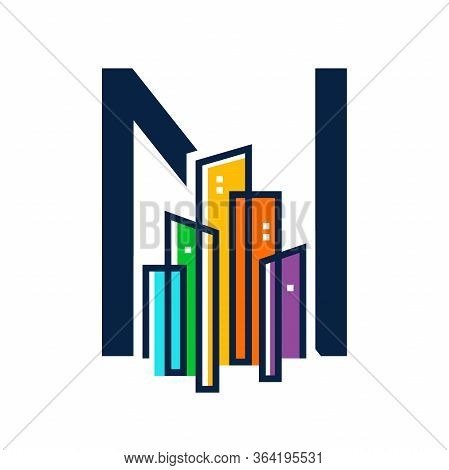 Simple, Clean And Eye Catching Logo Design Combining Initial N With Colorful Mono Line Building.