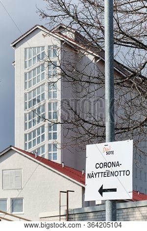 Joensuu, Finland - April 19, 2020: Road Sign To Coronavirus Sampling In Siun Sote Public Health Depa