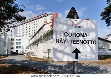 Joensuu, Finland - April 19, 2020: Road Sign To Coronavirus Sampling In Siun Sote Public Health Depa