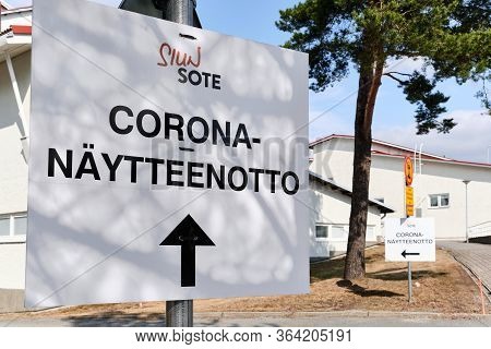 Joensuu, Finland - April 19, 2020: Road Sign To Coronavirus Sampling In Siun Sote Public Health Depa