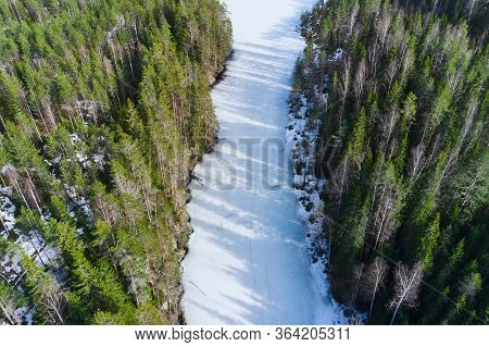 Aerial View Of Ice-covered Kallio Lake Finland. North-karelia Nature.
