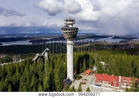 Kuopio, Finland - April 28, 2020: Aerial View Of Puijo Tower.