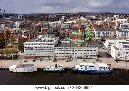 Kuopio, Finland - April 28, 2020: Aerial View Of Kuopio Embankment. Old Ships.