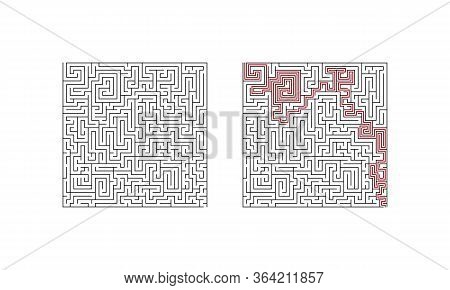 Labyrinth Maze Game. Single Puzzle With Solution. Complecated Task. Find The Right Way. Vector Illus