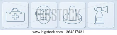 Set Line First Aid Kit, Mallet For Playing Air Hockey, Hockey Mask And Air Horn. White Square Button
