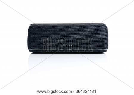 Chernivtsi, Ukraine - April 04, 2020: Black Bluetooth Column Sony. Black Bluetooth Sony Column Isola