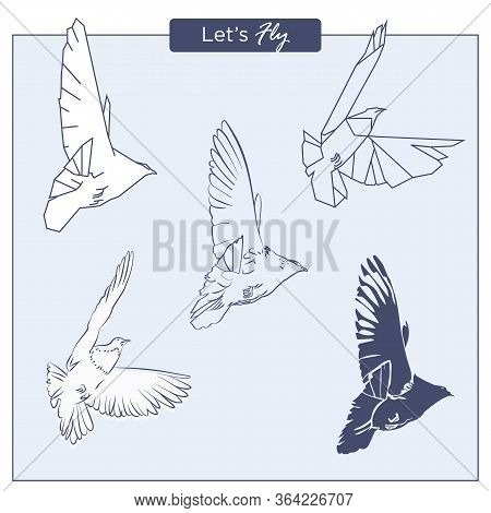 Set Of Hand-drawn Flying Pigeons In Different Styles, As Free Hand Sketch, Poligonal Geometric And S