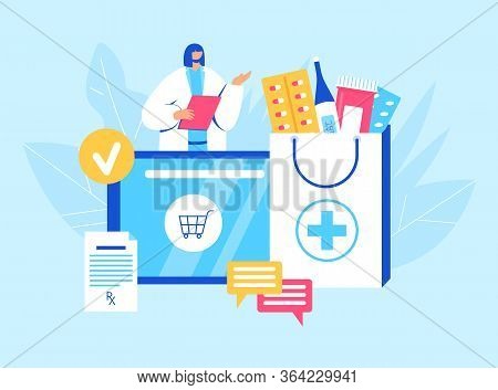 Online Pharmacy Concept. Pharmacist Helps To Collect An Order On The Site.