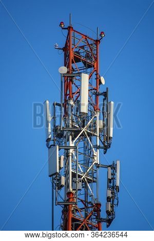 Telecommunication Tower Of 4g And 5g Cellular. Cell Site Base Station. Wireless Communication Antenn
