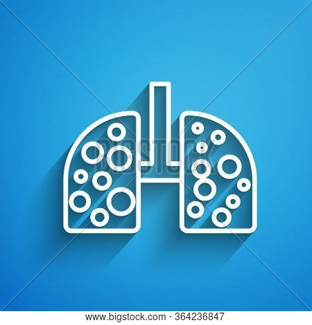 White Line Virus Cells In Lung Icon Isolated On Blue Background. Infected Lungs. Coronavirus, Covid-