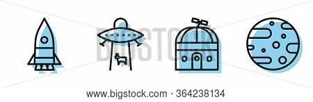 Set Line Astronomical Observatory, Rocket Ship, Planet And Satellite Dish Icon. Vector