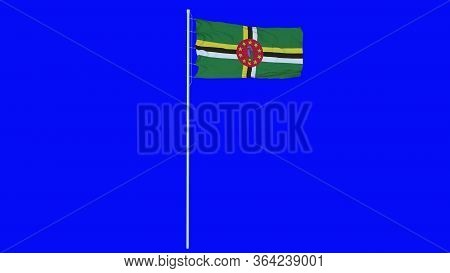 Dominica Flag Waving On Wind On Green Screen Or Chroma Key Background. 3d Rendering