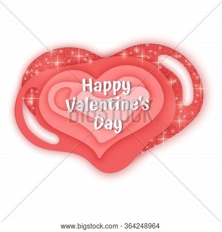 Pink And Red Paper Cut Heart Shape Textured With Golden Sparkling Jewelery Strass. Valentines Day Co