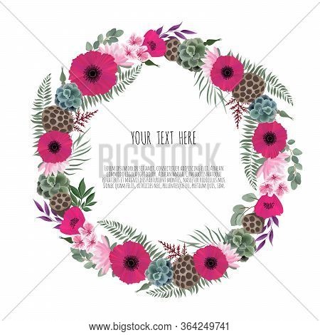 Floral Wreath With Green Eucalyptus Leaves, Flower Rose, Anemone . Frame Border With Copy Space.