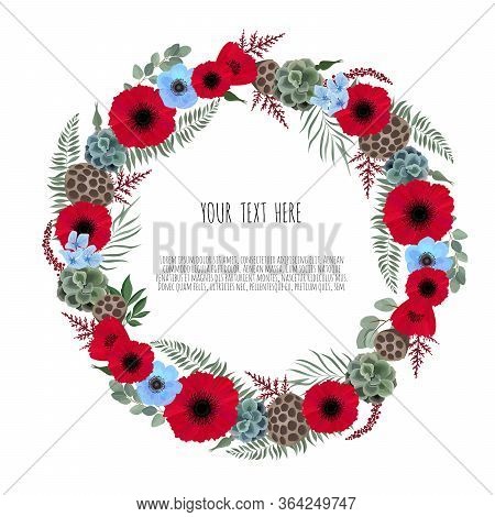 Floral Wreath With Green Eucalyptus Leaves, Flower Rose, Anemone . Frame Border With Copy Space.
