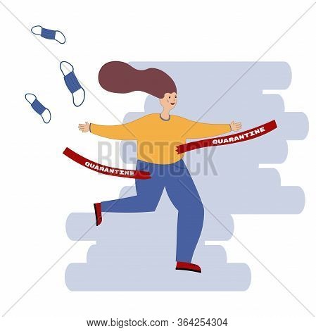 End Of Quarantine. Stripping. Joyful Woman Tore The Protective Tape. The End Of The Pandemic. Vector
