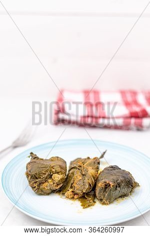 Minced Meat Rolls In Chard Served On The Plate. Traditional Balkan Meal Made With Chard And Minced M