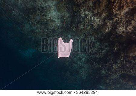 Single-use Plastic And School Of Fish In A Shallow Reef. Plastic Is A Major Contributor Of Pollution