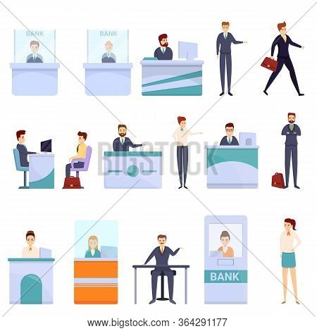 Bank Teller Icons Set. Cartoon Set Of Bank Teller Vector Icons For Web Design