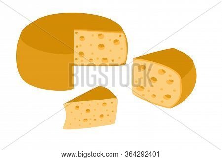 Set Of Cheese Wheels And Slices Isolated On A White Background. Heese Flat Icon. Vector Head Of Chee