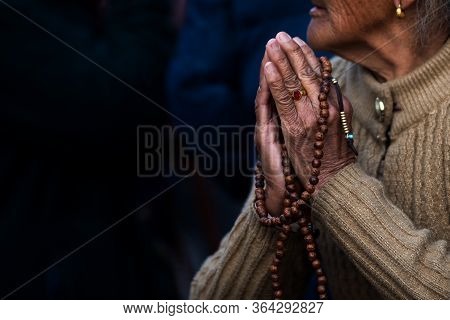 Namaste- A Customary Hindu Greeting, Holding Hand Together With Fingers Pointing Upward.
