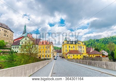 Loket, Czech Republic, May 12, 2019: Bridge Over Eger River, Town With Loket Castle Hrad Loket Gothi