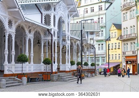 Karlovy Vary, Czech Republic, May 10, 2019: The Market Colonnade Trzni Kolonada Wooden Colonnade Wit