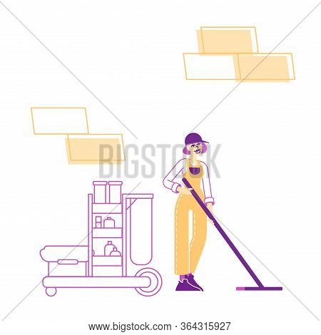 Professional Cleaning Company Service Concept. Female Character Sweeping And Mopping Floor With Mop 