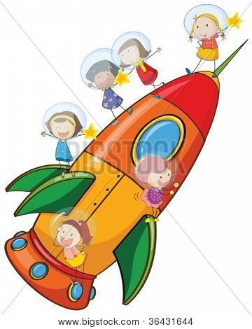 ภาพเด็กบนจรวดบนพื้นหลังสีขาว