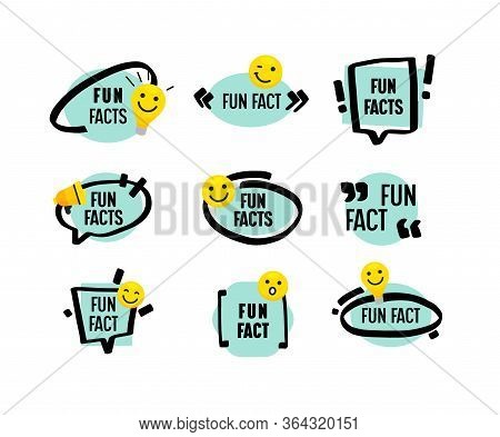 Set Of Cute Fun Fact Icons, Symbols Or Logo In Simple Style. Speech Bubbles With Megaphone, Light Bu
