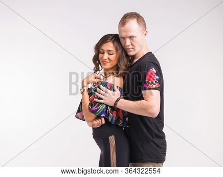 Funny Couple Dancing Social Dance. Kizomba Or Bachata Or Semba Or Taraxia , On White Background. Soc