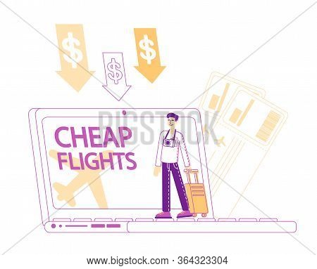 Cheap Flight, Low Cost Airline Offer, Profitable Promotion Concept. Tine Male Character Tourist With