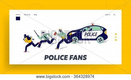 Policemen Pursuit Robber On Duty Landing Page Template. Police Officer Characters At Catching Up Thi