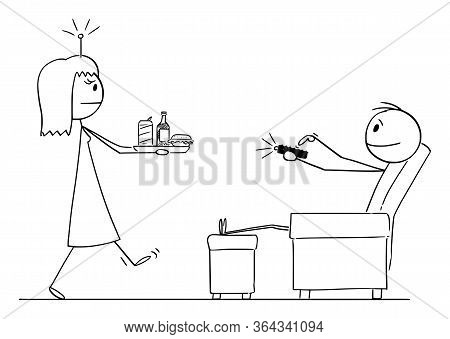 Vector Cartoon Stick Figure Drawing Conceptual Illustration Of Man Or Husband Sitting In Chair Contr