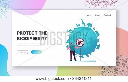 Biodiversity And Multiplicity, Save Planet Landing Page Template. Eco Activist Male Character Holdin