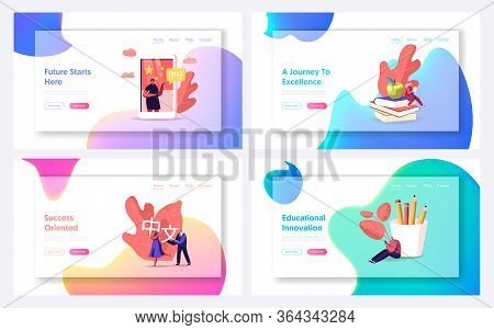 Characters Learning Chinese Language Course Online Landing Page Template Set. Tiny People Around Hug