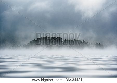 Fog-covered Forest On The Shore Of A Mountain Lake In The Ulagansky District Of The Altai Republic, 