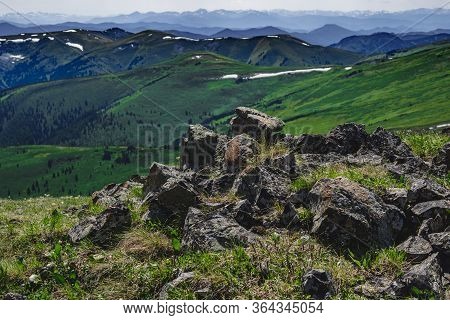 Spectacular View From The Top Of The Mountain To The Mountain Range In The Ulagansky District Of The