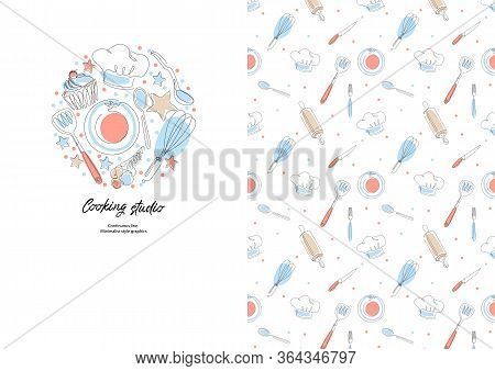 Culinary Products And Cooking Utensils. Cupcakes, Plates, Spoons, Cook Hat.