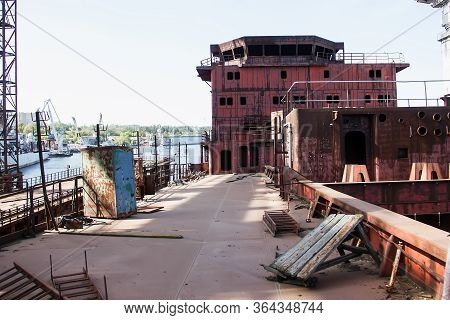 Rusty, Abandoned Ship Under Construction, Unfinished Ship At The Factory.