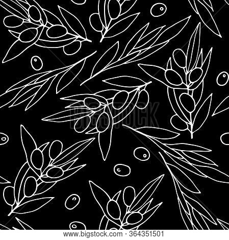 Seamless Pattern Chalk Board Olives. White Outline Olive Branches Isolated On Black Background. Rand