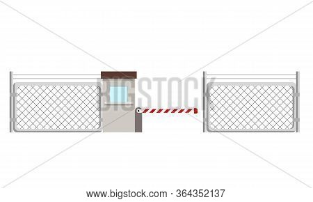 Metal Fence With A Barrier And A Checkpoint. Flat Vector Illustration