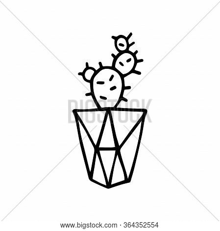 Doodle Cactus In A Faceted Pot. Scratchy Hand-drawn Succulent With Poly Flower Pot. Black Outline Of